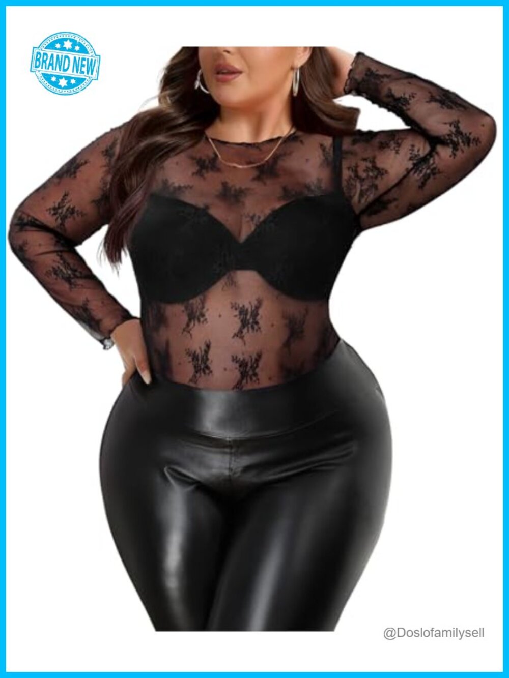 Plus Size Sheer Mesh Lace Long Sleeve Blouse Mock Neck Clubwear Top